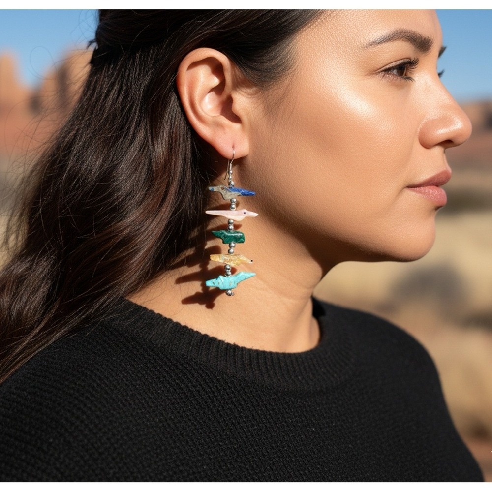 Zuni Hand Carved Animal Fetish Earrings Sterling Silver & Multi-Stone Jewelry